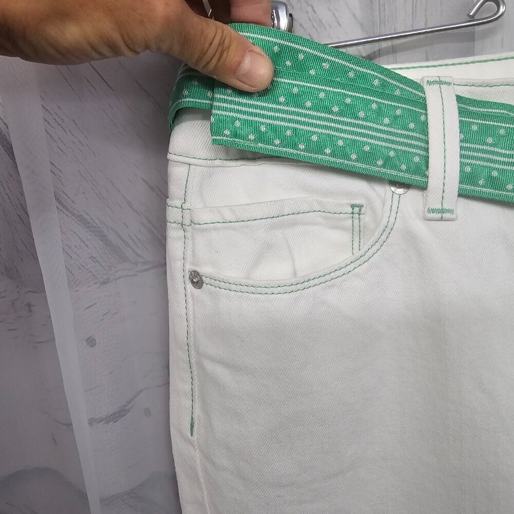 L.L. Bean White Jean Green Preppy Boot Cut Belted Cotton Jeans Size 12 - Picture 5 of 15